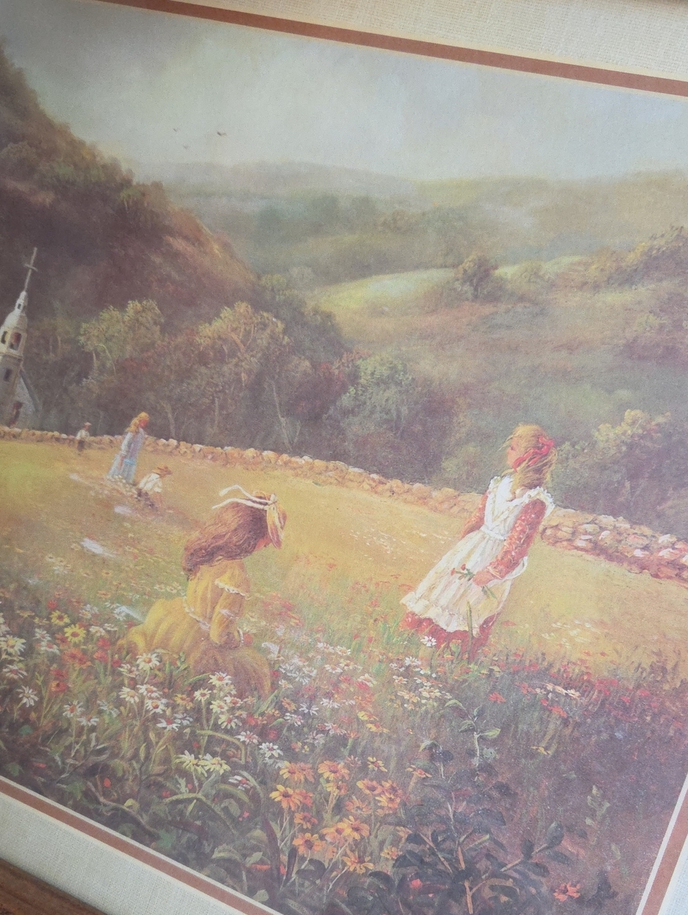 Bettie Zelder Litho art print country church & children picking flowers Signed